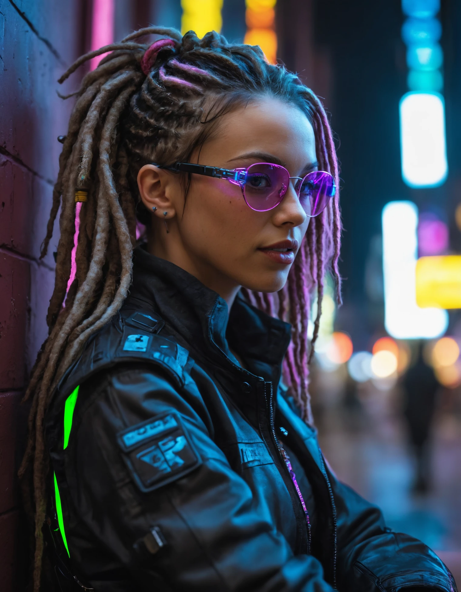 ((best quality)), ((masterpiece)), (ultra detailed), realistic lighting, focused, high contrast, detailed skin, detailed hair, detailed fabric textures, cyberpunk woman in tactical clothes, dreadlocks, hacker googles, futuristic scene, colorful, neon lights, side view, lying on wall, corner smile, detailed city background