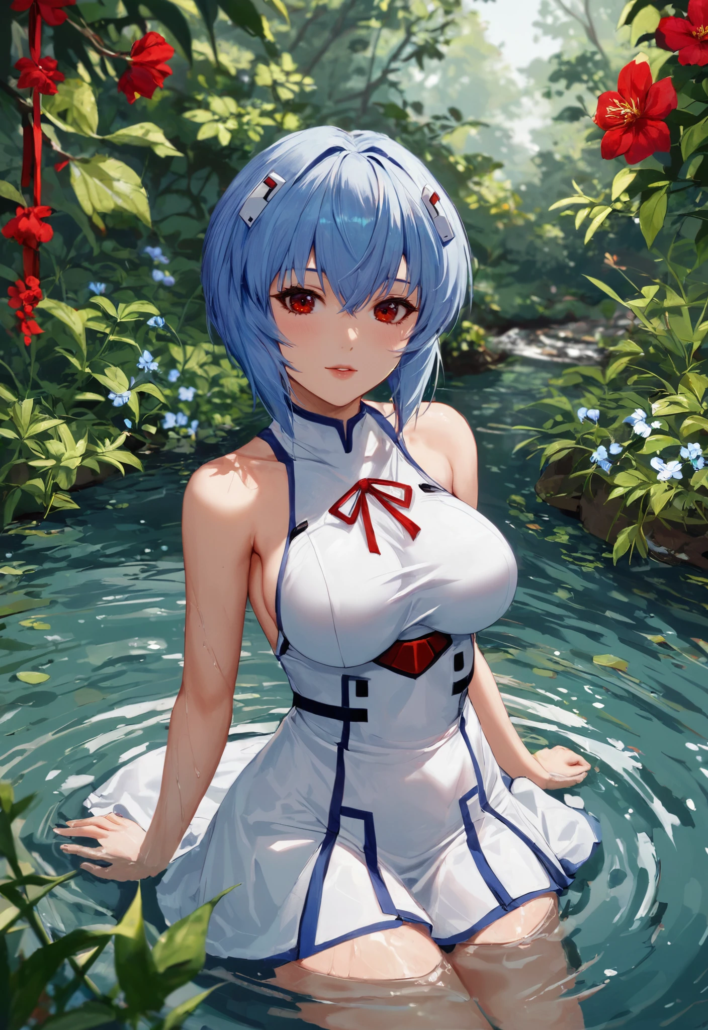 score_9, score_8_up, score_7_up, 1girl, solo, breasts, looking at viewer, short hair, bangs, hair ornament, red eyes, dress, ribbon, hair between eyes, bare shoulders, blue hair, flower, outdoors, sleeveless, water, white dress, red ribbon, sleeveless dress, nature, wading, ayanami rei