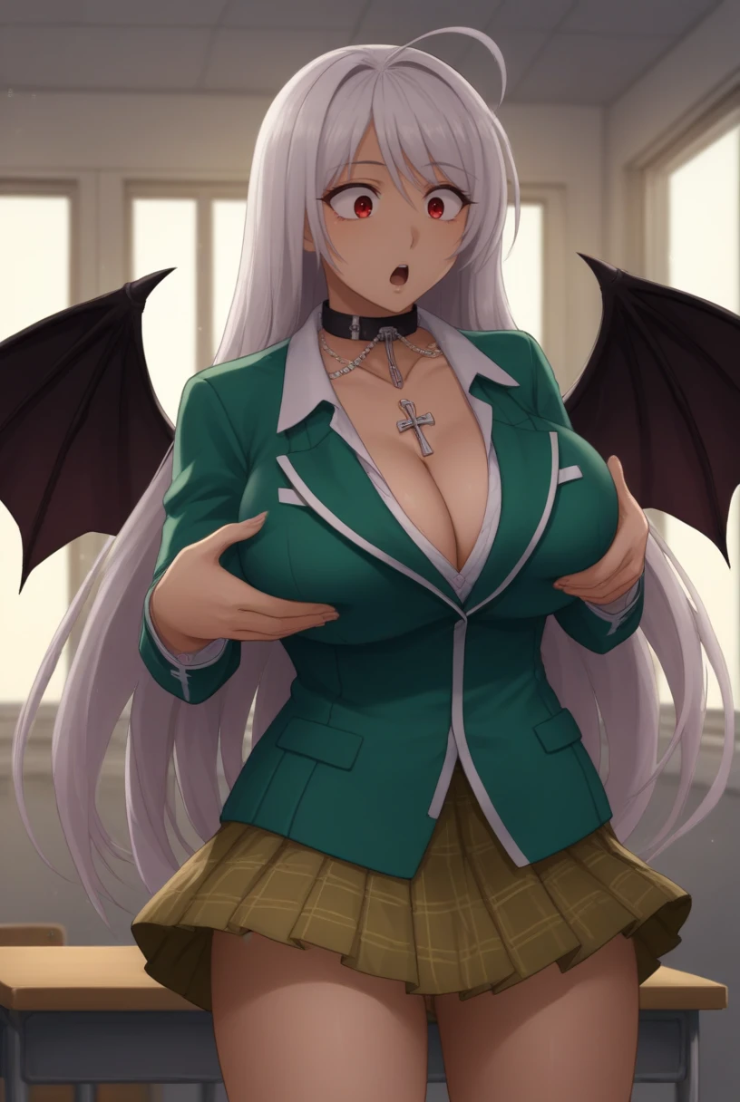 score_9, score_8_up, source_anime, solo, 1girl, cowboy shot, looking down, 
 <lora:AkashiyaMokaPdxlDwnsty:1>,Akashiya Moka Vamp, red eyes, white hair, long hair, ahoge, school uniform, collar, blazer, jacket, plaid skirt, choker, cross necklace, cleavage, collarbone, thighs,
huge breasts,  hands up, surprised, open mouth, wide-eyed,  breast expansion, grabbing own breast, demon wings, spread wings, 
indoors, classroom, desk, windows,