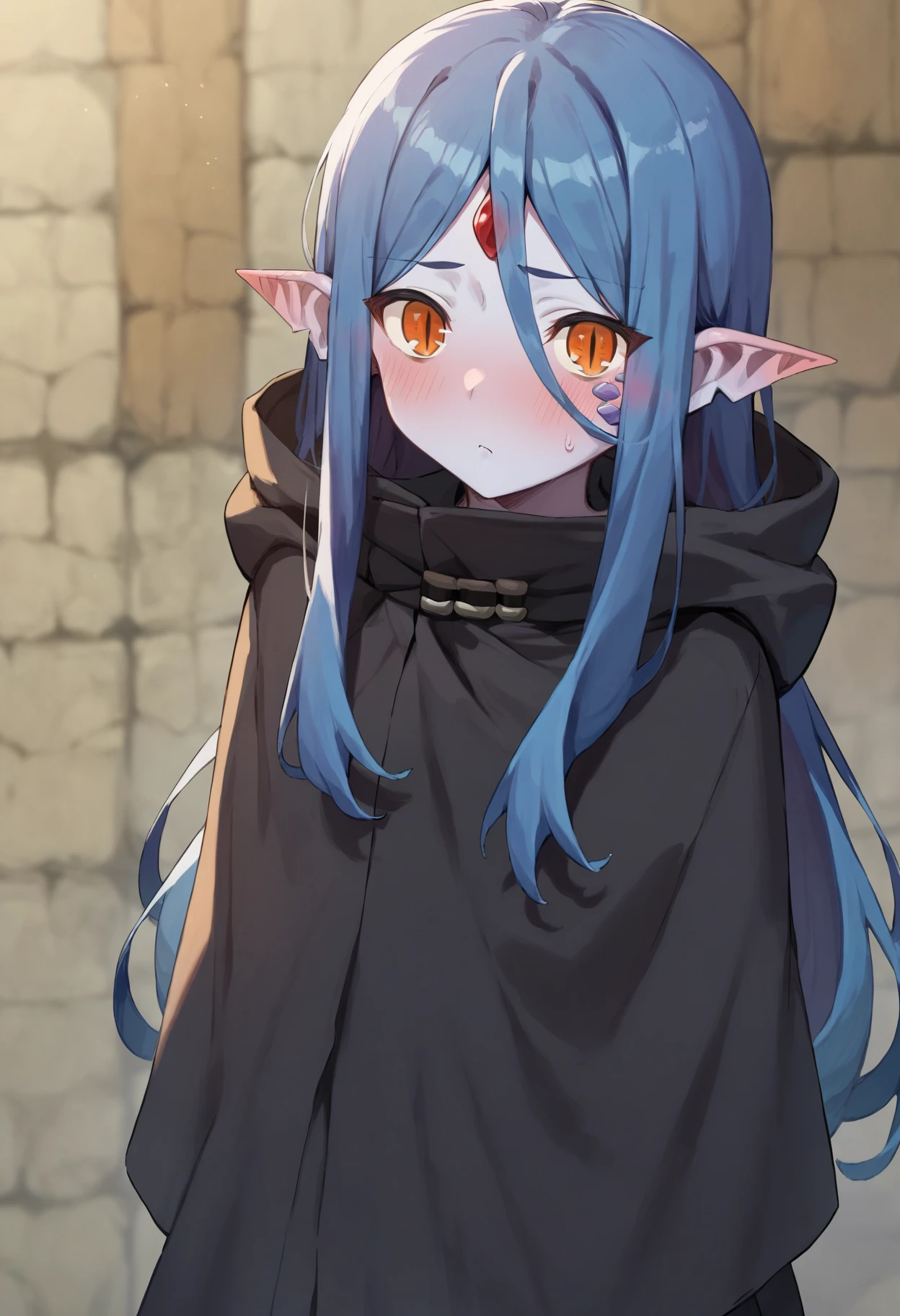 1girl, wiene, solo, slit pupils, monster girl, pointy ears, blue skin, white skin, standing, <lora:wiene_ponyxl_v1:0.9>, black cloak, hooded cloak, arms behind back, blush
BREAK
score_9, score_8_up, score_7_up, score_6_up, anime, rating_safe