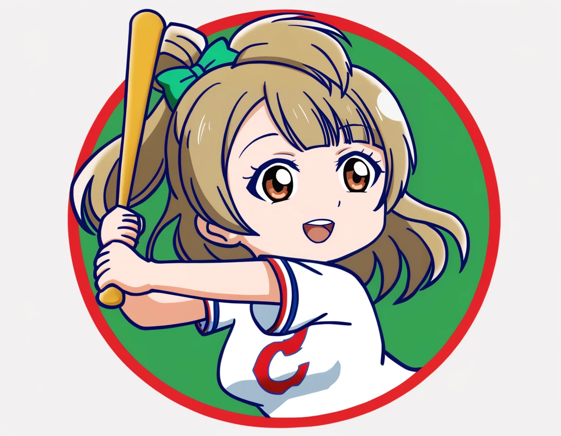 1girl,solo,
minami kotori, love live!,
<lora:carpboyXL1:1>,carpboy,
open mouth,smile,
baseball bat,holding,swinging,
 looking at viewer,circle,character name,logo,chibi,white background,simple background,