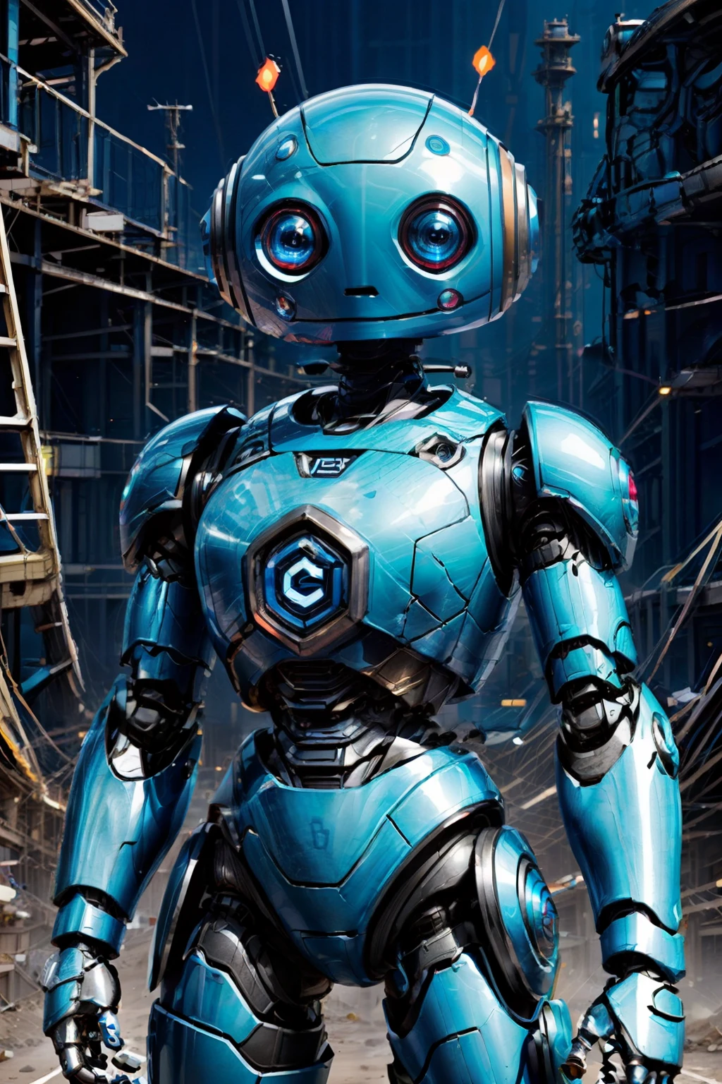 (ultra realistic,32k, masterpiece:1.2),(high detailed metal:1.1),( high quality:1.1), futuristic, sci-fi, cyberpunk,  <lora:CivBot:0.8>,  CivBot, blue eyes, simple background, white background, upper body, science fiction, blue robot, joints, straight-on, robot joints,   blooming stars, luminescent neon lights, blurry background, (looking at viewer, standing:1.1), <lora:add_detail:0.92>, (glowwave:1.1),