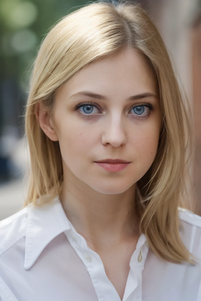 a picture of natpok woman,mid-twenty, blonde hair,detailed skin, surface scattering, bokeh, skin pores,  city streets,wearing a uniform,outdoors, looking at viewer ,(subtle smile:0.5),  <lora:natpok (5):1> blue eyes