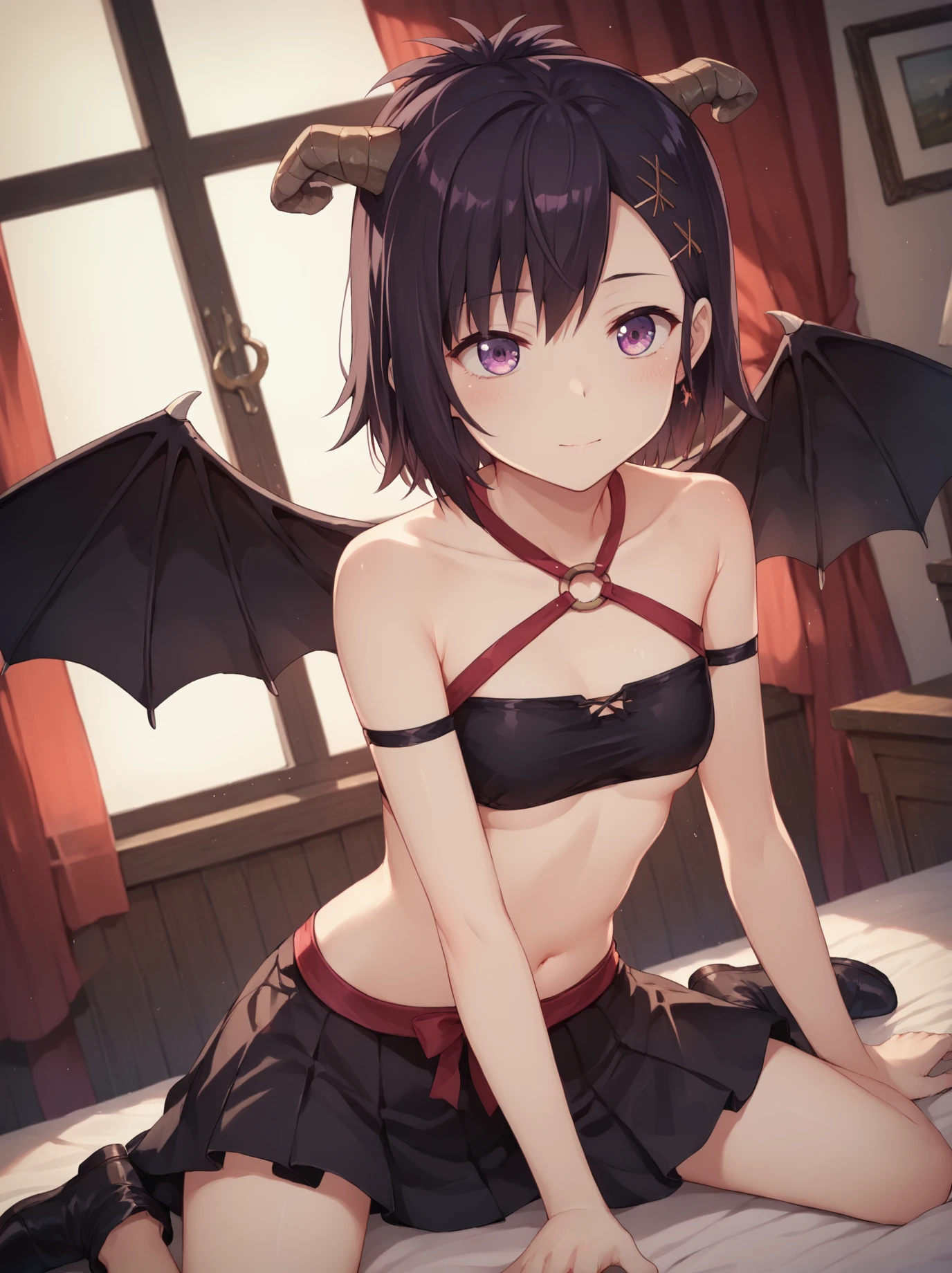 
(highest quality), (masterpiece), 1080p, hd, 4k, 8K, ((Succubus)), nose blush, Small breasts, areola, BODY strap, leather strap, leather panties, Shoulder Bare, Long sleeve, stomach, Coat of arms, ((black panties)), open mouth, fang tooth, flustered, Black Hair, blunt bangs, Tree Eyes, whole body, 18-year-old, garter belt, Sigh, hot, bed room, Low angle