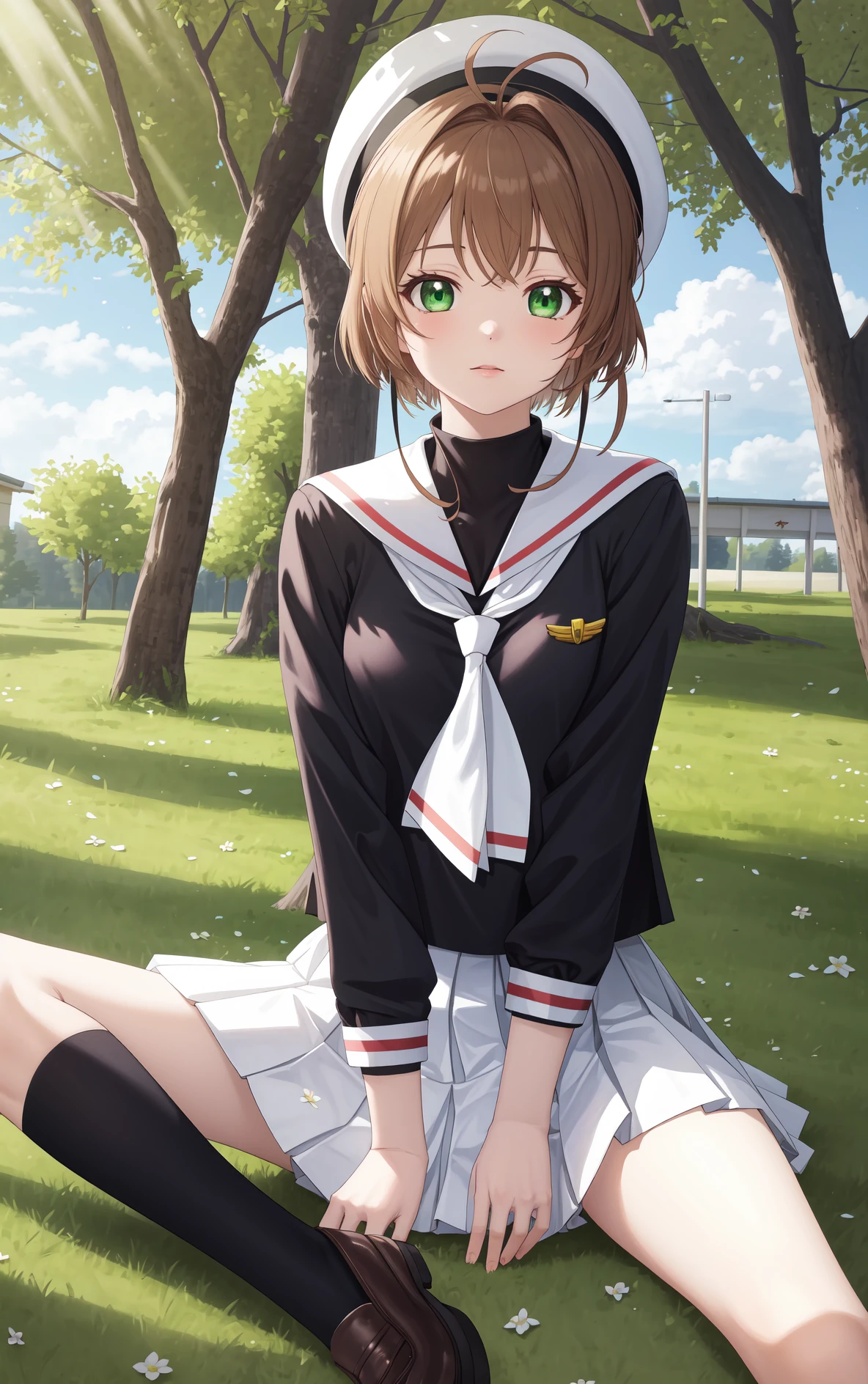 masterpiece, best quality, very aesthetic, ultra detailed, intricate details, 4k, anime style,
kinomotoai, 1girl, solo, bangs, green eyes, brown hair, short hair, antenna hair, hat, white headwear, beret,
skirt, white sailor collar, shirt, long sleeves, school uniform, pleated skirt, serafuku, sailor collar, neckerchief, black shirt, white skirt, white neckerchief,
sitting, cowboy shot, looking at viewer, forest, outdoors, on grass, tree, sunlight, cloudy, <lora:Kinomoto:1>