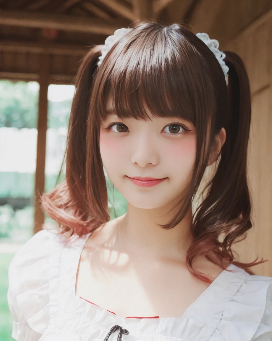 a beautiful picture of mikuKobato, detailed skin texture,masterpiece, photorealistic, woman, light, RAW color photo,(fully in frame:1.1), (blush:0.5), (goosebumps:0.5),brunette, detailed face,smiling,twintails,asian idol ,mall, wearing a maid outfit  <lora:mikuKobato:1>  epiCPhoto