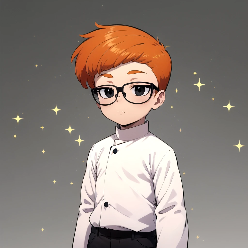 1boy, solo, Dexter,  orange hair, black eyes, glasses, white coat ,  black pants, child,     <lora:Dexter_DexterLab_Leaf2:0.8>, cowboy shot, looking at viewer,  grey background, sparkle,