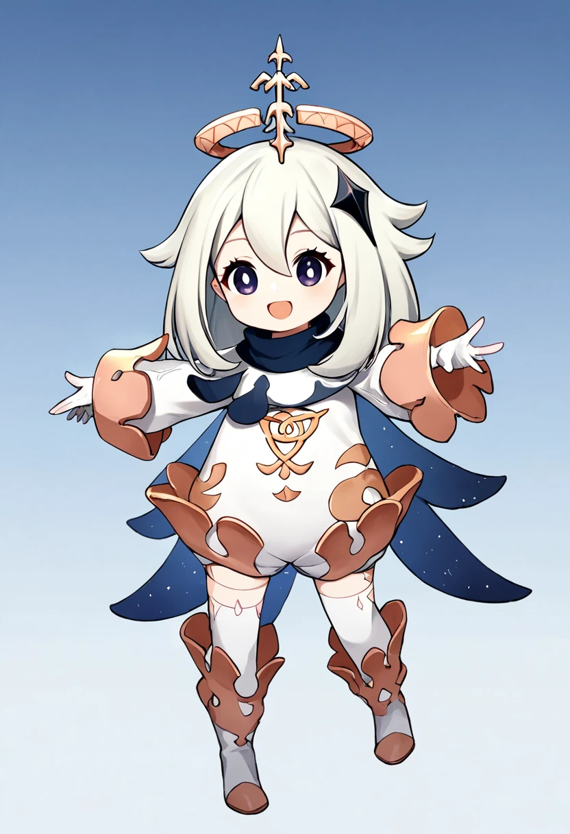 score_9,score_8_up,score_7_up,<lora:genshin_pony_v2:1>,1girl,paimon_\(genshin_impact\),solo,halo,highres,white_dress,puffy_long_sleeves,white_background,blue_background,white_thighhighs,constellationthighhighs_under_boots,gradient_background,:d,looking_at_viewer,