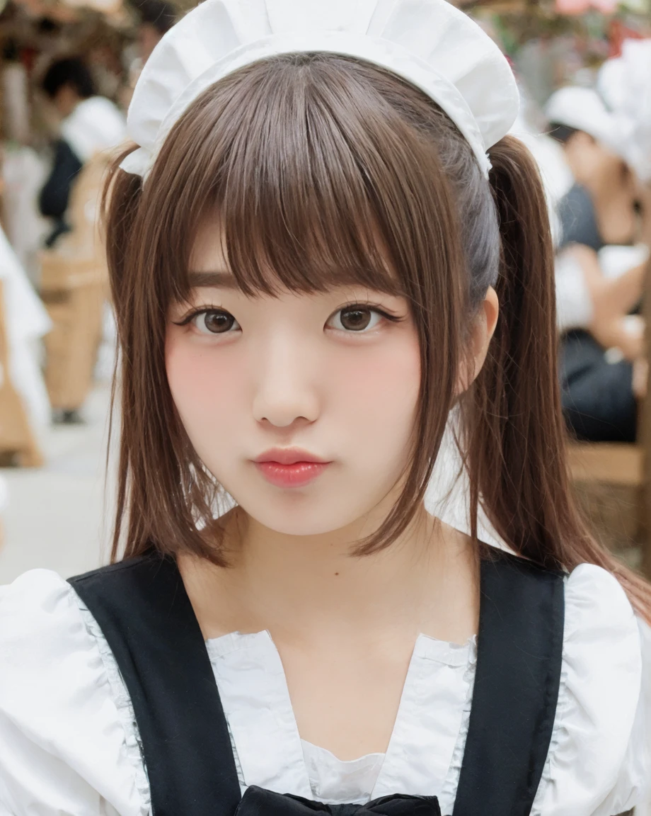 a beautiful picture of mikuKobato, detailed skin texture,masterpiece, photorealistic, woman, light, RAW color photo,(fully in frame:1.1), (blush:0.5), (goosebumps:0.5),brunette, detailed face,smiling,twintails,asian idol ,outdoors, local market, wearing a maid outfit   epiCPhoto  pouting,<lora:lookAlive-puckeredLips-v01:0.8> puckered lips,red lips, <lora:mikuKobato3:1>