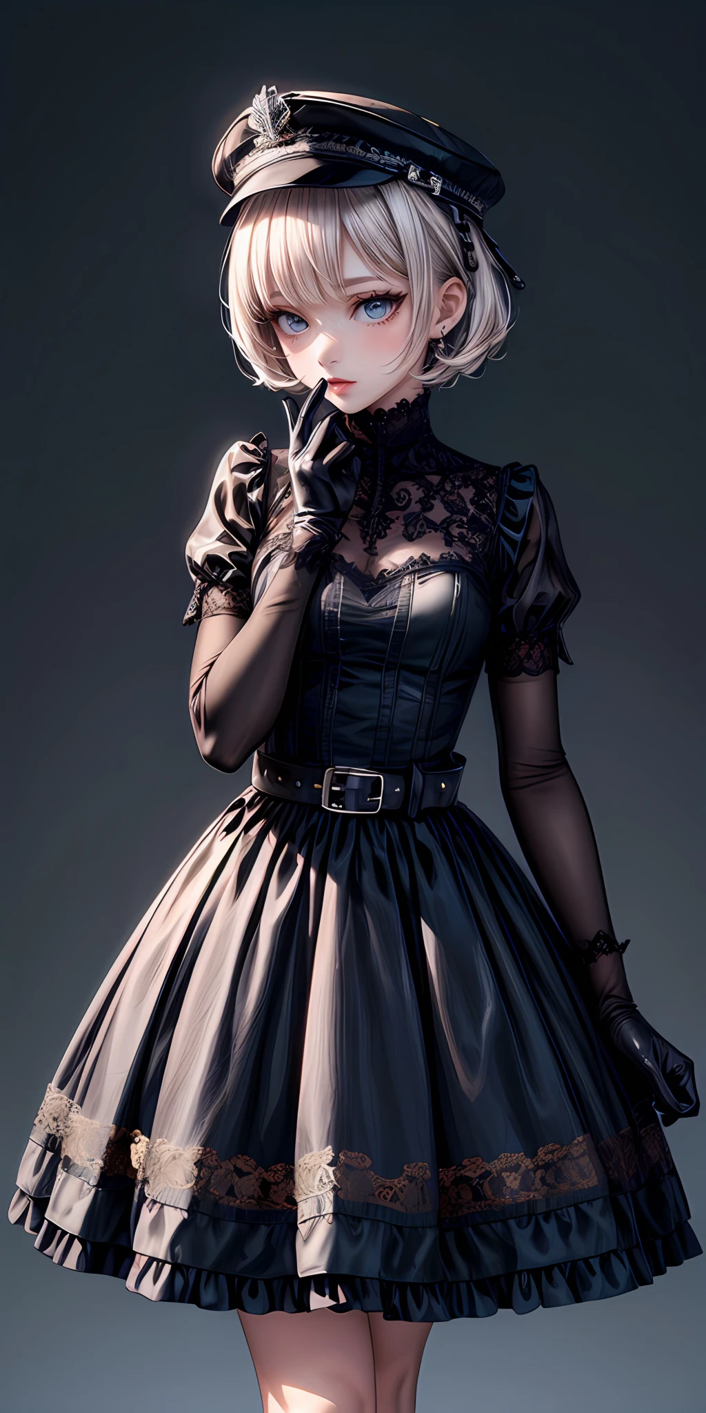 (masterpiece,ultra-detailed,best quality,8K,CG,illustration,shaved:1.0),(ite girl:1.0) <lora:more_details:1>,simple background
<lora:military uniform v1.0:0.5> jyojifuku, m dress,hat, belt, gloves,black dress