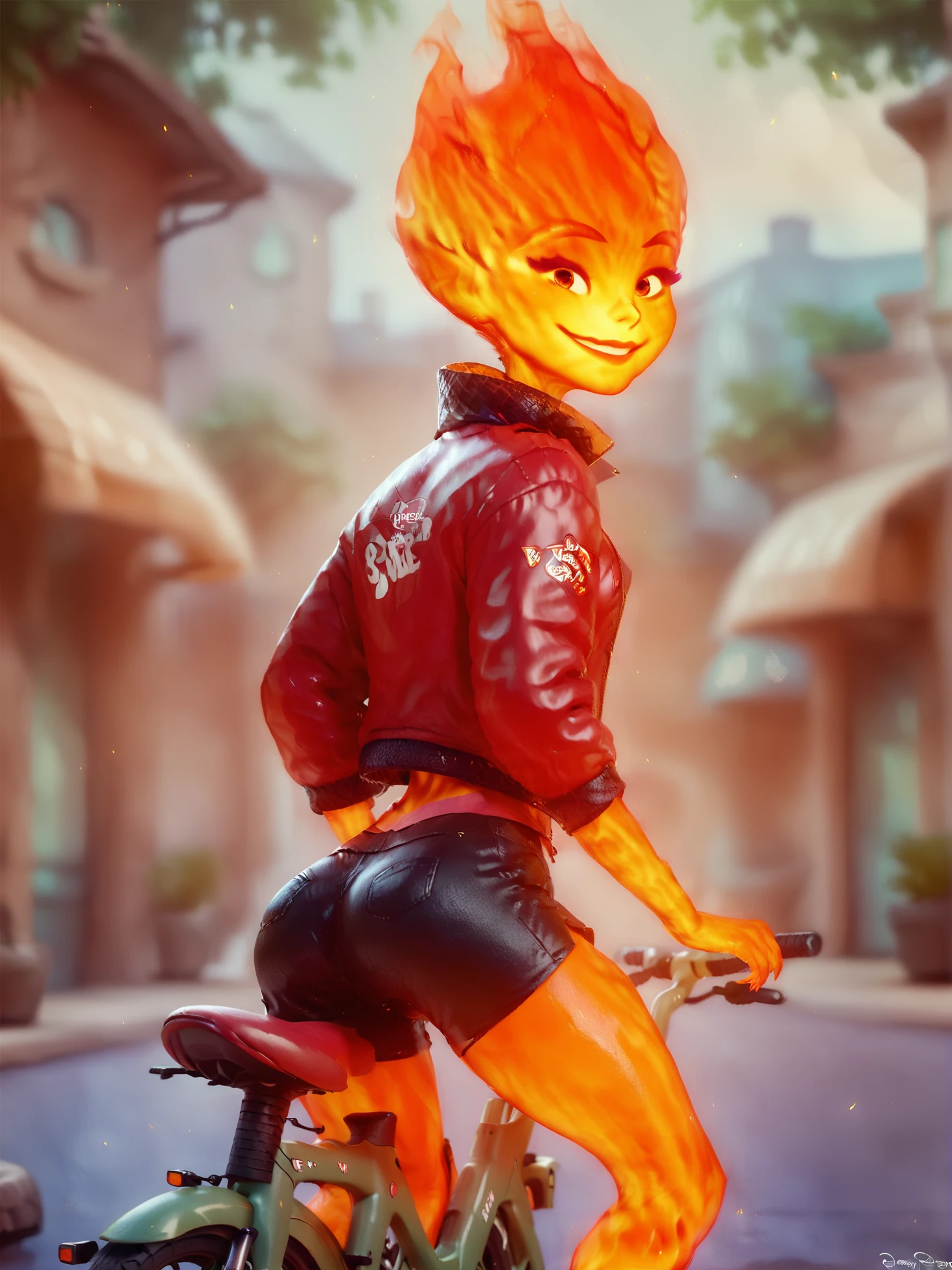 score_9, score_8_up, score_7_up, score_6_up, score_5_up, 1girl, a beautiful woman wearing shorts (riding a bike:1.1), sexy, jacket, smile, perfect body  <lora:1_frmbr-PonyXL:1> frmbr, (fire skin:1.1)