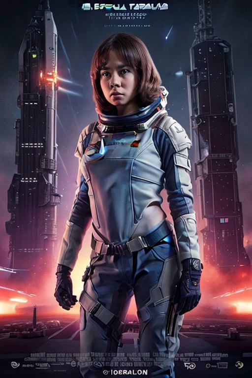 Movie Poster Design: Astronaut (solo, female focus) in a spacesuit, standing heroically with a futuristic cityscape in the background. Determined expression. Catchy title and tagline in a futuristic font. Photo background with subtle light effects. High-octane visuals with a cool and futuristic color palette.