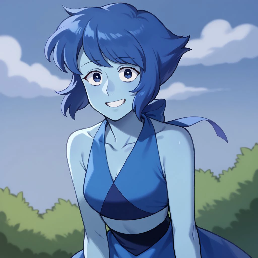 lapis_lazuli_lora lapis_sfw sfw, 1girl, blue hair, lapis lazuli \(steven universe\), steven universe, rating_safe, smile, memento photo, happy wholesome, INFP, introvert creative individualistic, perfect hands, outdoors, solo, looking at viewer, breasts, slim slender, blue skin, colored skin,source_anime, anime, score_9, score_8_up, score_7_up, score_6_up