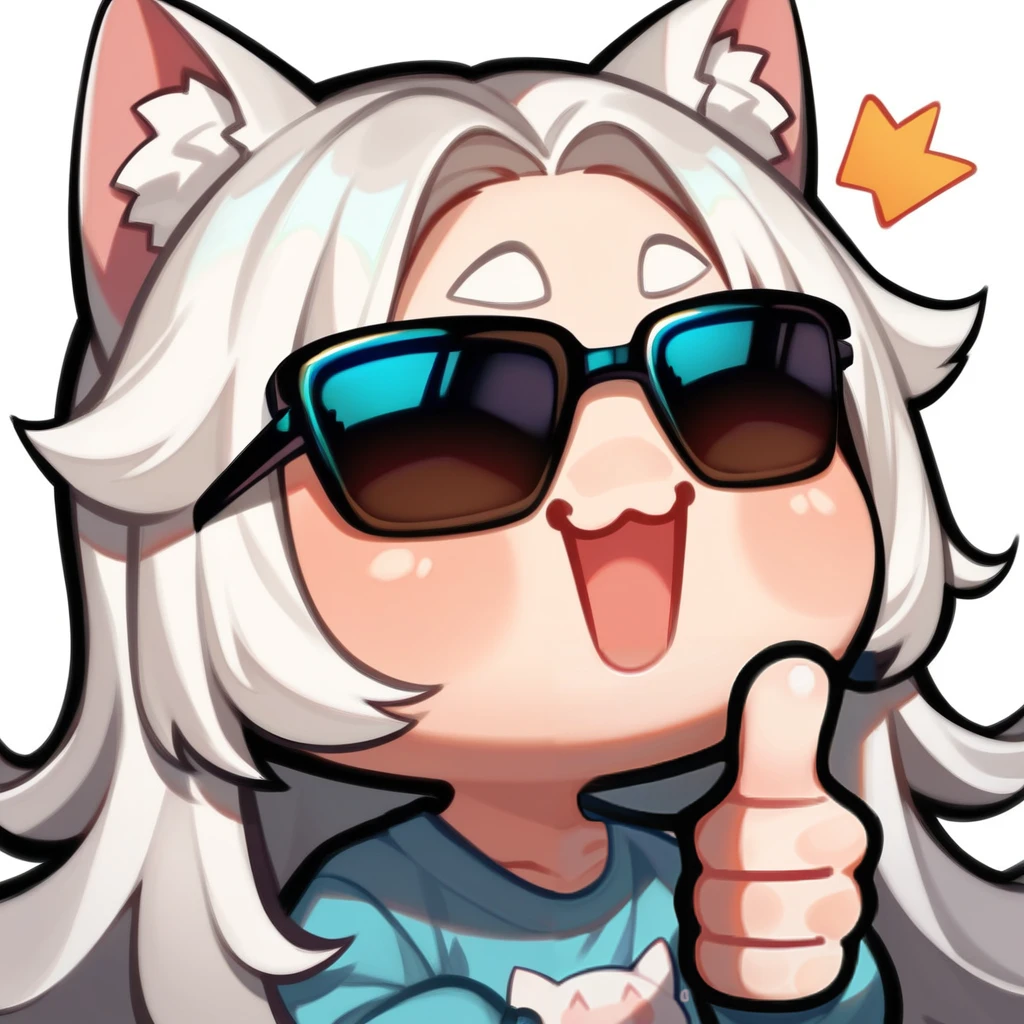 score_9, score_8_up, score_8, Emote , high quality, high res , highly detailed face, white background, chibi , upper body close up
cat girl , 1girl , white fluffy cat ears, white long hair , wearing sunglasses , both hands doing thumbs up , thumbs up
<lora:ponyemotexl:0.7>