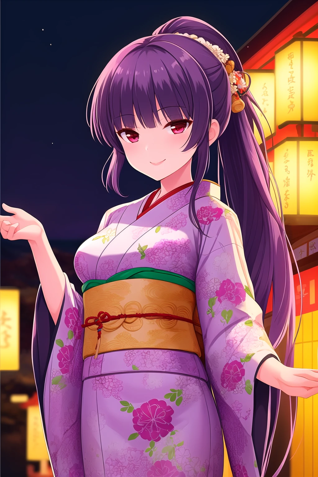 (masterpiece, best quality), highly detailed background, perfect lightingbest quality, kagurazakasaya, solo, outdoors, ocean, night, summer festival, purple hair, ponytail, blunt bangs, very long hair, red eyes, medium breasts, black kimono, floral print, japanese clothes, smile, closed mouth, pink lips, <lora:Kagurazaka-Saya:0.7>