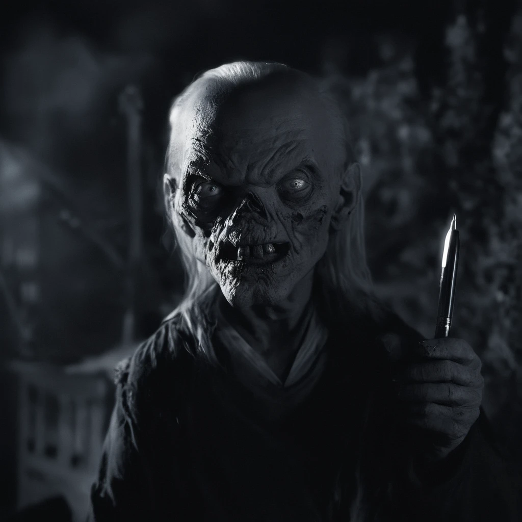 cinematic film still of  <lora:Cryptkeeper:1>
Cryptkeeper a person is drawing a picture of a zombie,solo,looking at viewer,1boy,holding,monochrome,male focus,teeth,facial hair,portrait,pen,bald,pencil,wrinkled skin,realistic,realistic,realism,photorealism,hyperrealism,hyperrealistic,realistic,sharp,detailed,cinematography style,film light style,movie still,professional photography,artistic,perfection,contrast,cinematic,filmic,high quality photo,8k quality,colorful,photography style,horror themed,Anthology Black comedy Dark fantasy Horror , tales from the crypt style, shallow depth of field, vignette, highly detailed, high budget, bokeh, cinemascope, moody, epic, gorgeous, film grain, grainy