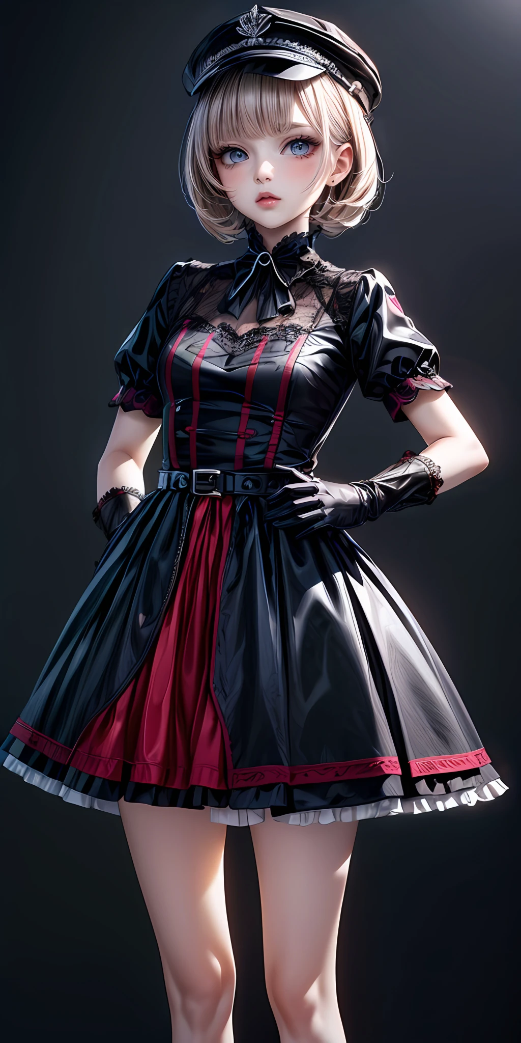 (masterpiece,ultra-detailed,best quality,8K,CG,illustration,shaved:1.0),(ite girl:1.0) <lora:more_details:1>,simple background
<lora:military uniform v1.0:0.6> jyojifuku, m dress,hat, belt, gloves,black dress