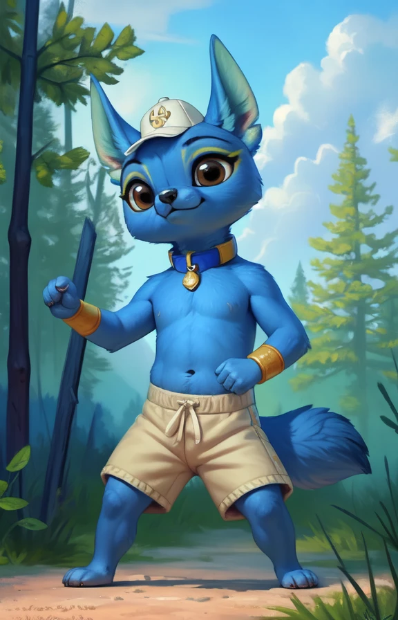 MiguelRBUK  <lora:MiguelRBUK:0.85> [road, earth, forest, trees, sky, clouds, mountains,]    MiguelRBUK, blue wool, blue-yellow collar, brown eyes, cap, bracelets on the wrist, Shorts,
blue textured fur, solo,  looking at viewer, to his full height,  (beautiful, aesthetic, perfect, delicate, intricate, masterpiece, ) (fighting stance)
by ulitochka, by taran fiddler, by Silverfox5213, by personalami,