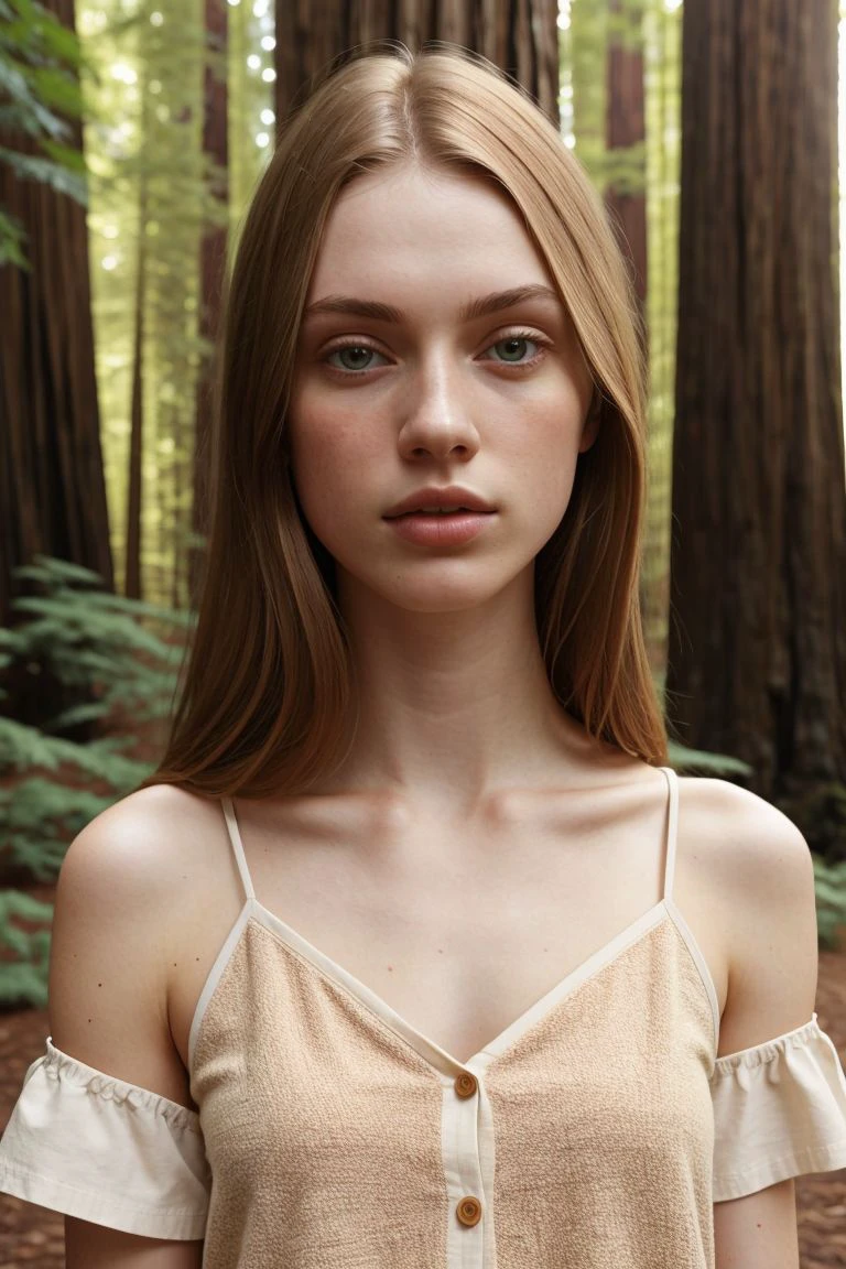 European woman, closeup, (shirt), pants, (california redwoods), pearl necklace , ZM_tracy, wide shoulders, perfect face, (contact iris: 1.1), pale skin, skin pores , depth of field