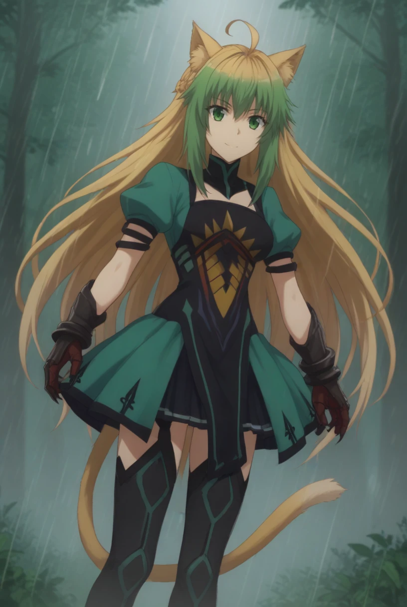 score_9, score_8_up, source_anime, solo, 1girl, cowboy shot, looking at viewer, cowboy shot, 
<lora:AtalantaPdxlDwnsty:1>, Atalanta, green eyes, long hair, gradient hair, green hair, blonde hair, ahoge, animal ears, cat ears, animal ear fluff, cat tail, dress, puffy short sleeves, thighhighs, gauntlets, gloves, <lora:DXD_Hero_Style-000006:1>
medium breasts,  smile, 
outdoors, forest, rain, nature,