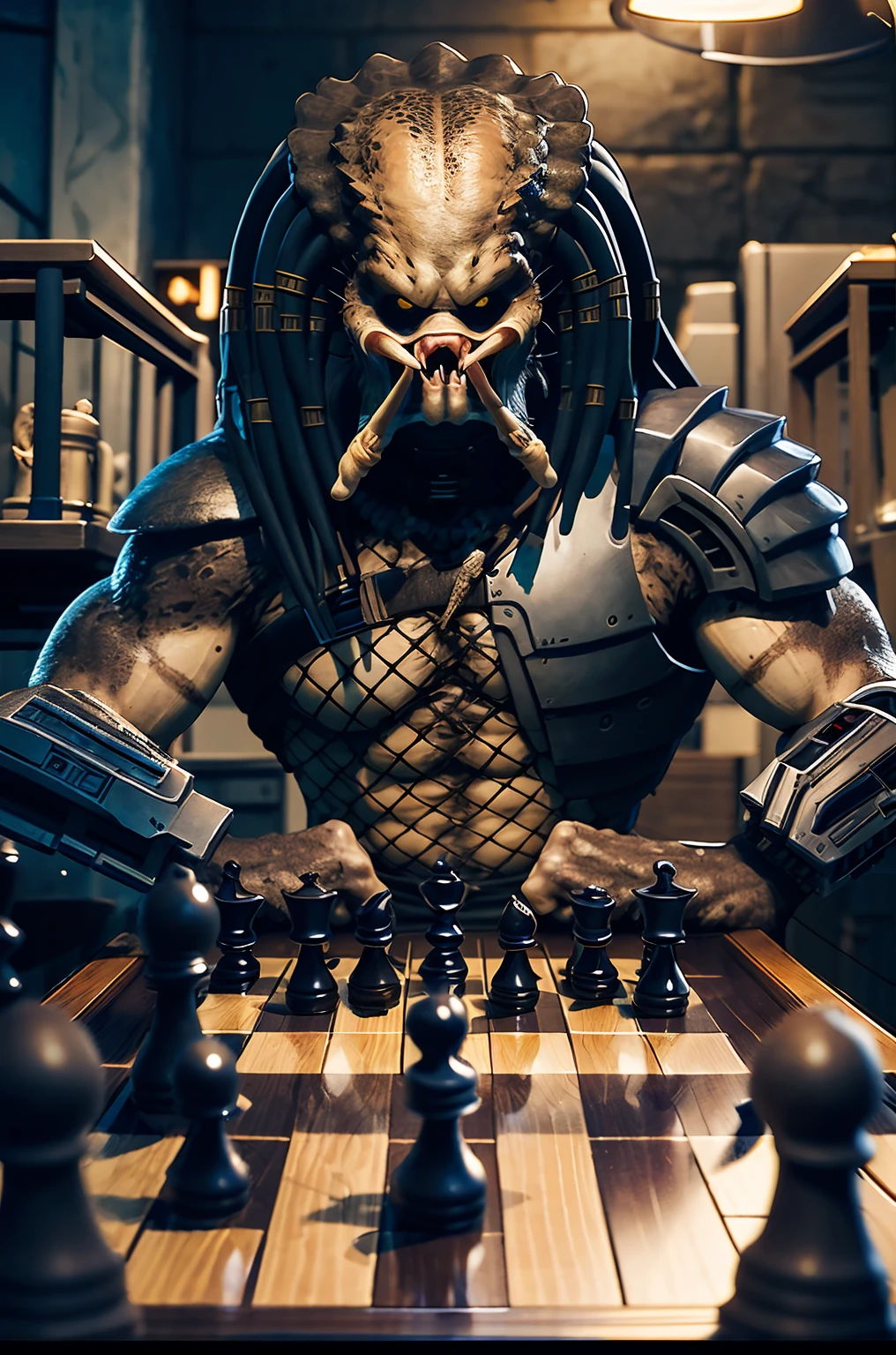 Yautja, predator \(movie\), solo,monster,yellow eyes,playing chess,looking at viewer   <lora:Yautjav3:1>