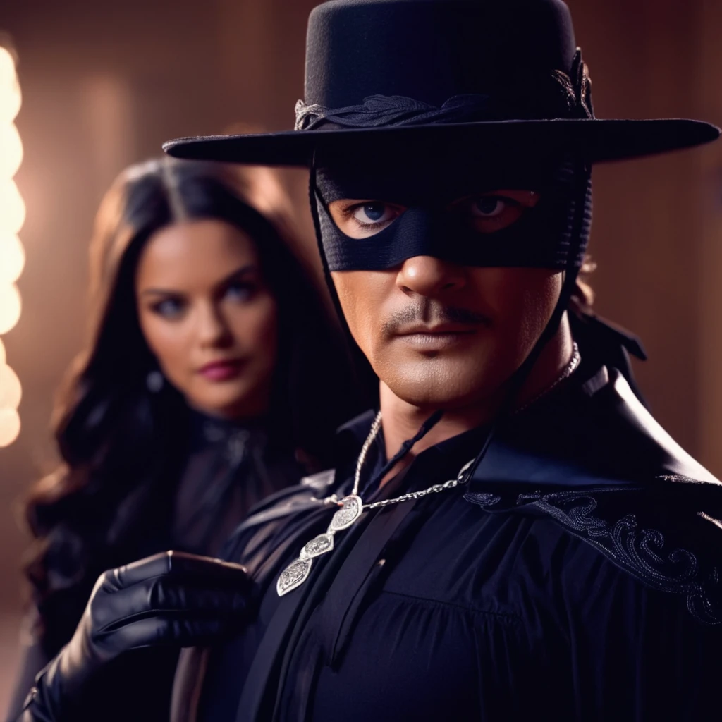 cinematic film still of  <lora:Zorro:1>
Zorro a man and a woman in a black outfit,long hair,breasts,blue eyes,multiple girls,black hair,gloves,hat,2girls,cleavage,jewelry,medium breasts,necklace,lips,mask,realistic , realistic, realism, photorealism, hyperrealism, hyperrealistic, realistic, sharp, detailed, cinematography style, film light style, movie still,  professional photography, artistic, perfection, contrast, cinematic, filmic, high quality photo,  8k quality, colorful, photography style, zorro style, shallow depth of field, vignette, highly detailed, high budget, bokeh, cinemascope, moody, epic, gorgeous, film grain, grainy