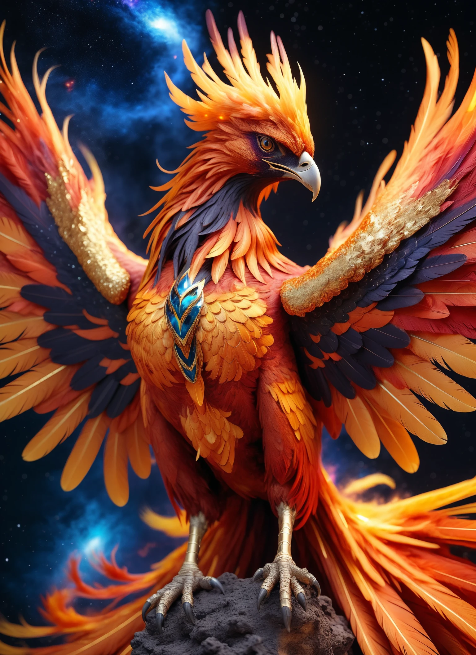Masterpiece of hyperrealistic professional 8k raw photography, (Majestic Phoenix rising from galactic inferno:1.3), Rule of thirds composition, Fiery feathers, Celestial essence, (Cosmic beauty:1.2), Elegant plumage details, Stellar spectacle, (Dynamic visual impact:1.2), Captured with a XF IQ 4, 150 MP, 50mm, ISO 200, 1/160s, Realistic lighting effects, Vivid hues, Intricate textures