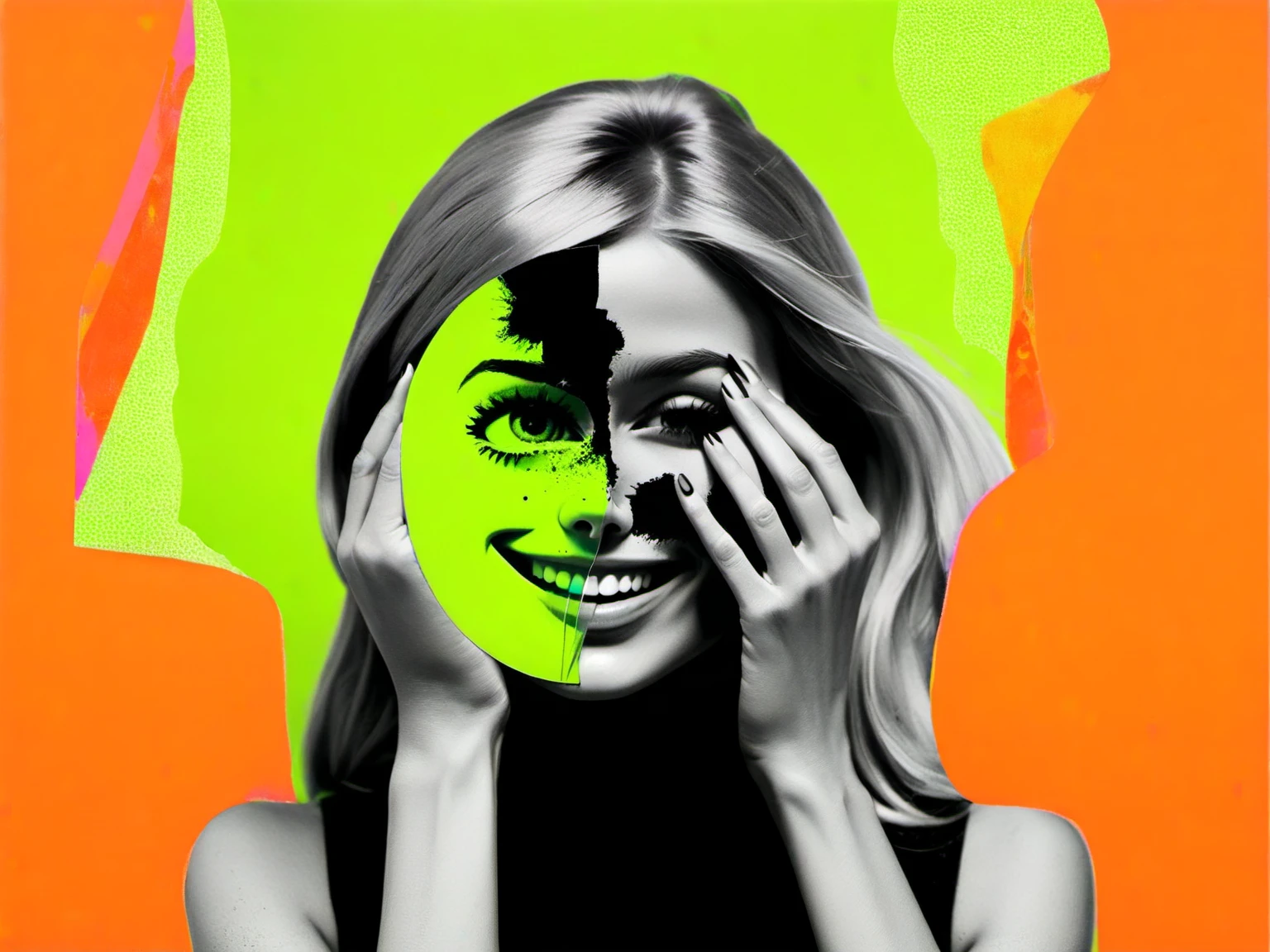 <lora:DeconDada-000008:0.8> monochrome, (photo:1.2) feminine smile, female focus, hand covering face, deconstructed, abstract, visually striking, mixed media, orange, lime-green, barbie-pink, matt-black, powder-blue, neon-yellow