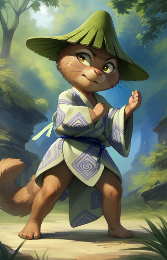 KawausoGeKi  <lora:KawausoGeKi:0.8> [road, earth, forest, trees, sky, clouds, mountains,]     kimono, green hat, blue belt, yellow eyes, brown fur, Yukata,  chibi , tail,
blue textured fur, solo,  looking at viewer, to his full height,  (beautiful, aesthetic, perfect, delicate, intricate, masterpiece, )  (fighting stance)
by Floris van Dyck, by Anna Razumovskaya, by Pino Daeni, by Ulitochka, by Ruan Jia