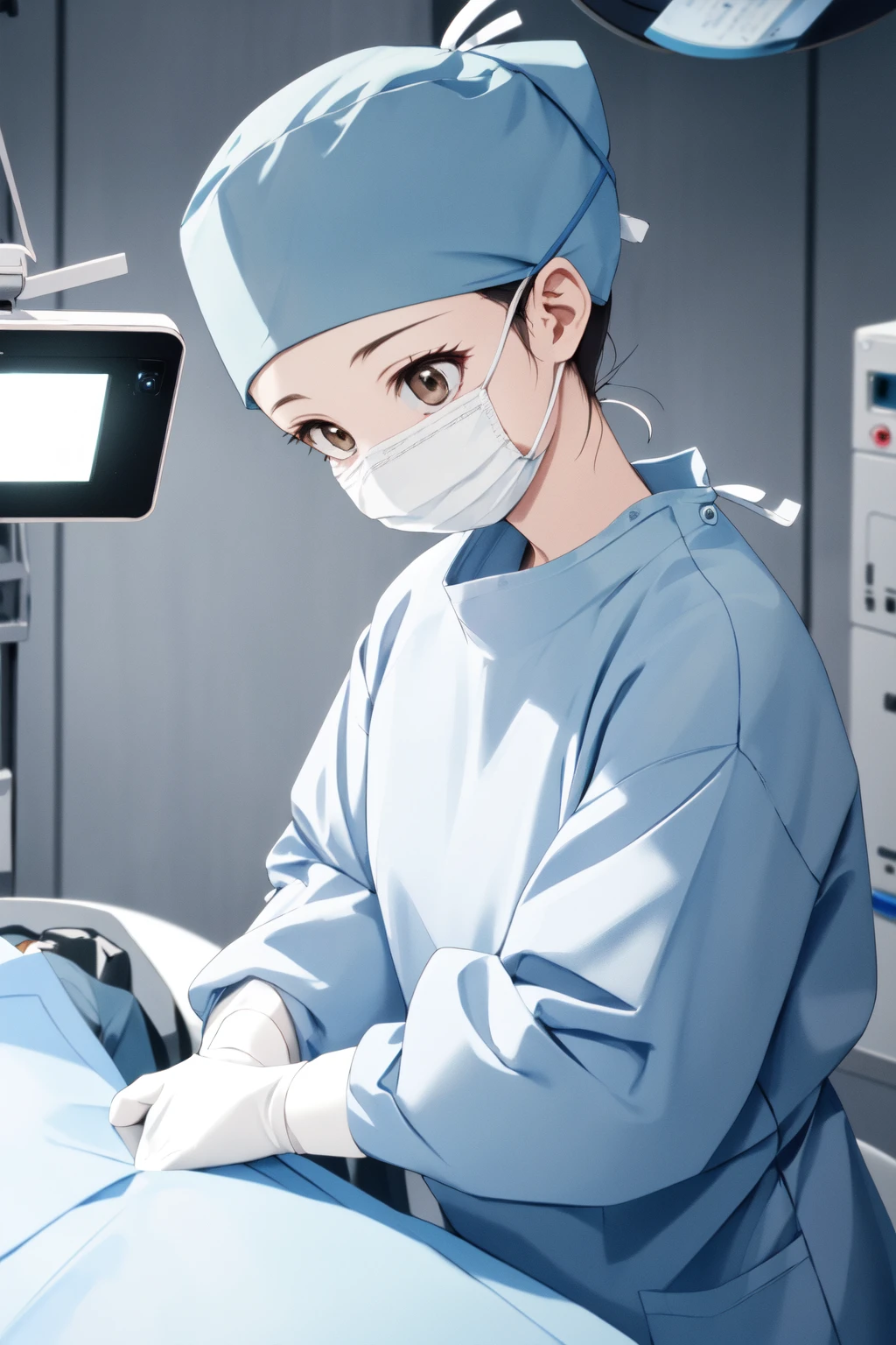 (RAW photo, best quality), 1girl, long sleeve surgical outfit, surgical mask, surgical gloves, surgical cap, operating room, overhead surgical light, blurred background, focused
<lora:ConceptClothingSurgicalOutfit1_1:0.8>,
<lora:aoi_takamoto_dr_elise_v1_2-000005:1>, aoi takamoto