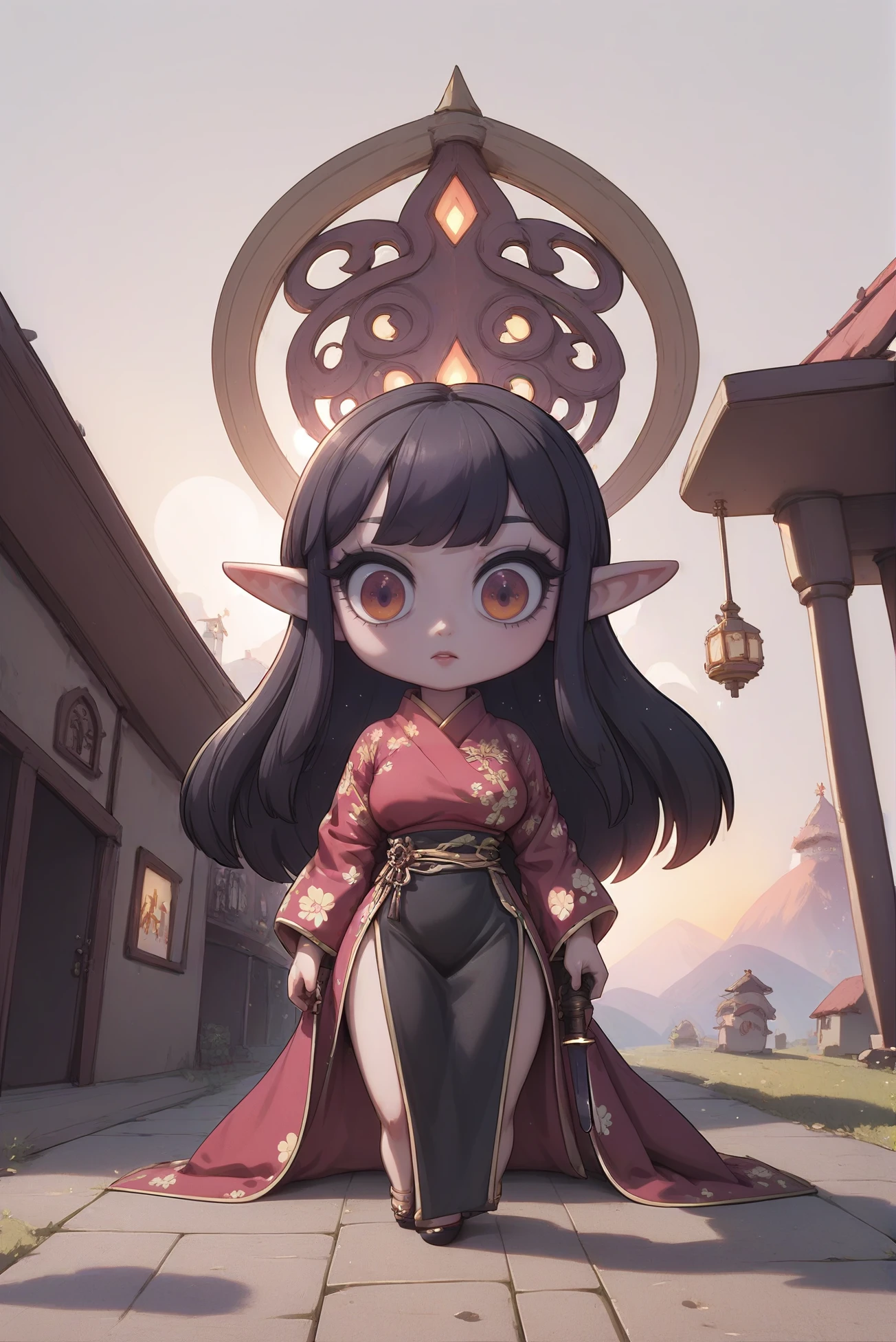 source_anime, score_9, score_8_up, score_7_up, full color, 1girl, woman, elf fantasy,Yakuza shinobi villainess, dark leather shozoku, kimono, dagger, sunset, bombshell hair, ultra color:blanchedalmond hair, Cropped Cut, slim, atheletic figure, narrow waist, medium breasts, chinese, whimsical,cosmic fantasy town in a Peat Bog <lora:EnvyPonyChibi01:1>