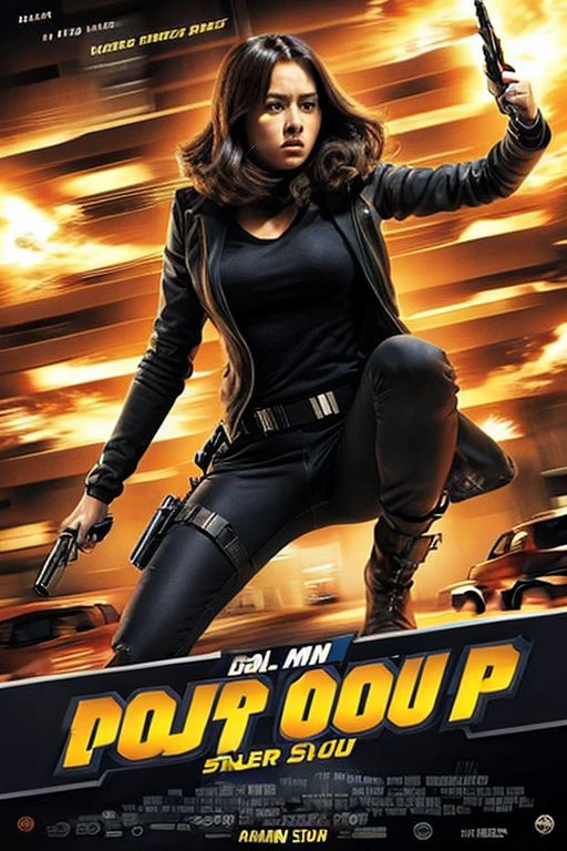 movieposter, Movie Poster Design: Action Movie Girl Spy (solo) in dynamic pose, sleek spy attire, practical hairstyle, determined gaze, gritty urban setting, catchy title & tagline, motion blur effects, high-octane visuals, dark & gritty color palette.