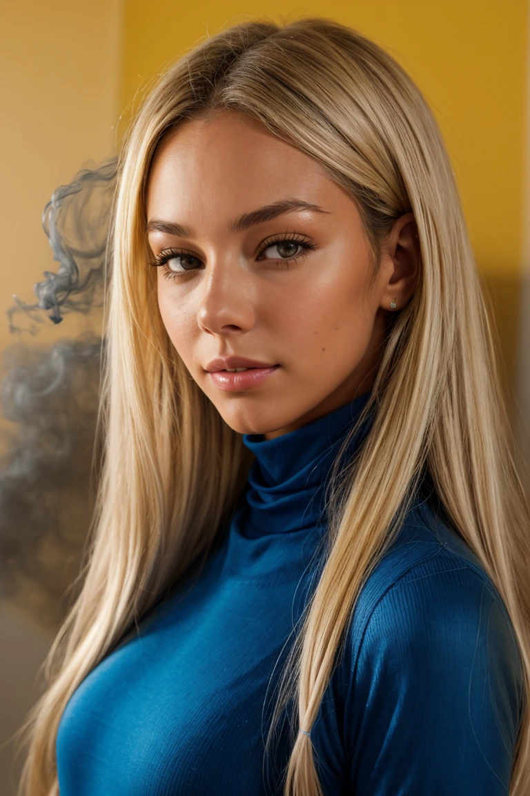 (Close-up Headshot:1.4) DV_S3_Momo_Vicious   BREAK (Yellow Room:1.4) BREAK (Blue Spandex Turtleneck and leggings:1.3)   <lora:exposure_control_v10:-0.1> <lora:more_details:0.3> (volumetric smoke and lens flares and backlight:1.4)(facial close-up shot:1.1) (eyeliner, lipstick)