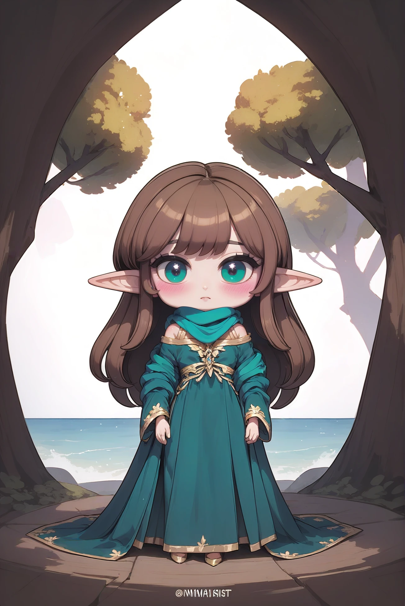 source_anime, score_9, score_8_up, score_7_up, full color chibi, 1girl, woman, (sea mesmerist:1.3), elf, (blush:1.3), matte indigo eyes, pose, shawl,scarf, ((off shoulder dress:1.3):1.2) [:creative, sexy costume design:0.2], bombshell hair, brown hair, Havana Twists, athletic hourglass figure, korean, Great Tree of Life <lora:EnvyPonyChibi01:1>