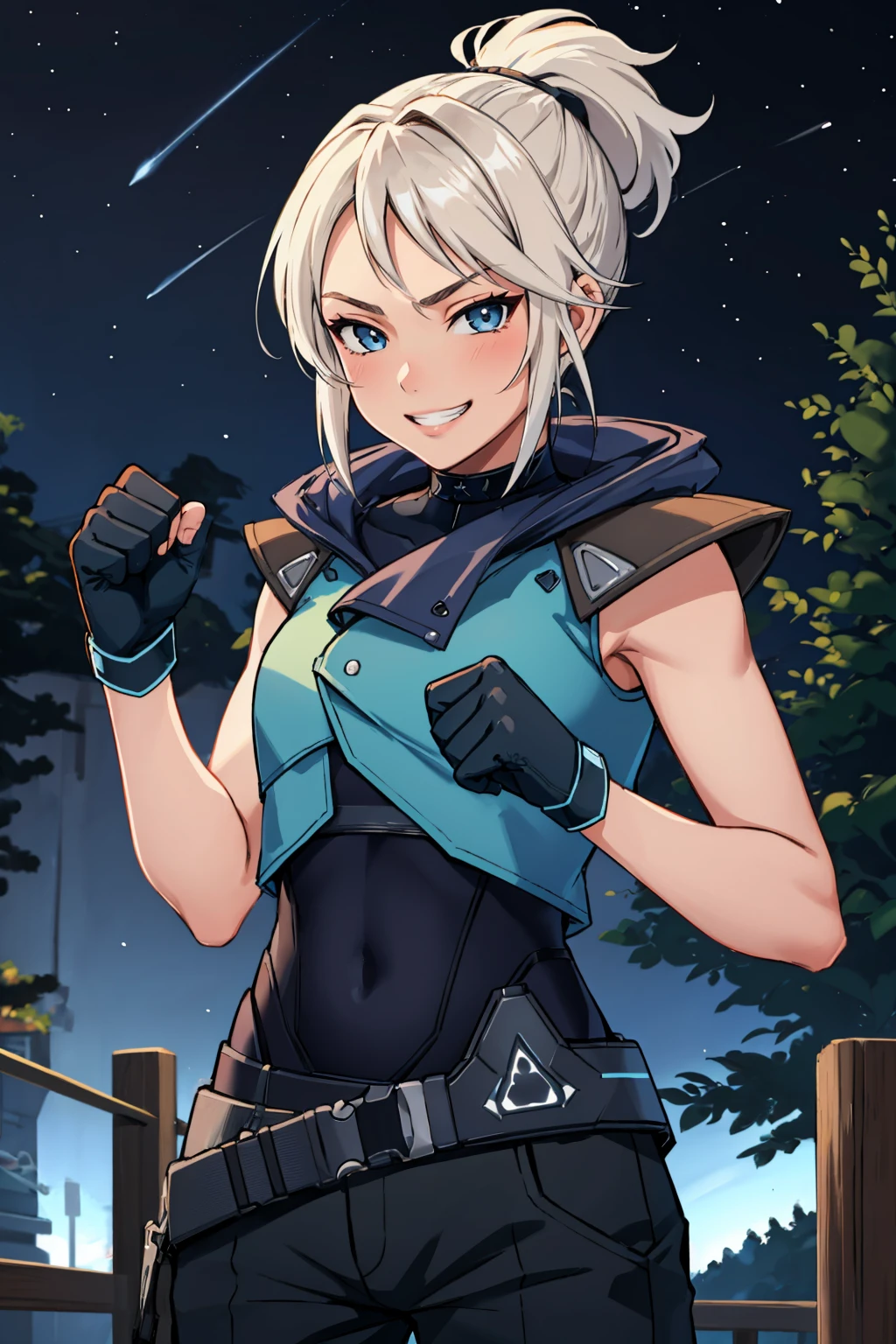 masterpiece, best quality, 1girl, <lora:valorantjett-nvwls-v1-000009:0.9> valorantJett, short ponytail, blue jacket, sleeveless, cropped jacket, black bodysuit, belt, black pants, black gloves, fists, fighting stance, grin, smirk, forest, night sky, looking at viewer,