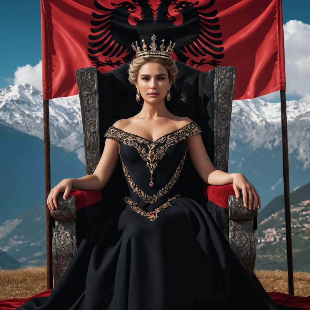 a proud beautiful queen sitting on a throne, an epic huge albanianflag banner, epic Alps in the background, intricate, elegant, highly detailed, extremely complex, sharp focus, symmetry, cinematic, pristine, combined, awesome, brilliant, creative, pure, wonderful, dramatic ambient, artistic, thought, iconic, imposing, perfect, light, fine detail, shining