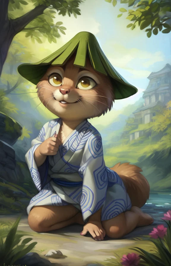 KawausoGeKi  <lora:KawausoGeKi:0.8> [road, earth, forest, trees, sky, clouds, mountains,]     kimono, green hat, blue belt, yellow eyes, brown fur, Yukata,  chibi , tail,
blue textured fur, solo,  looking at viewer, to his full height,  (beautiful, aesthetic, perfect, delicate, intricate, masterpiece, )  (all fours, cowgirl position,)
by Floris van Dyck, by Anna Razumovskaya, by Pino Daeni, by Ulitochka, by Ruan Jia