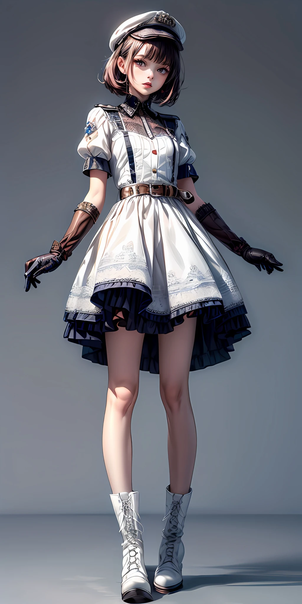 (masterpiece,ultra-detailed,best quality,8K,CG,illustration,shaved:1.0),(ite girl:1.0) <lora:more_details:1>,simple background
 <lora:military uniform v1.0:0.6> jyojifuku, m dress,hat, belt, gloves, boots,white dress
