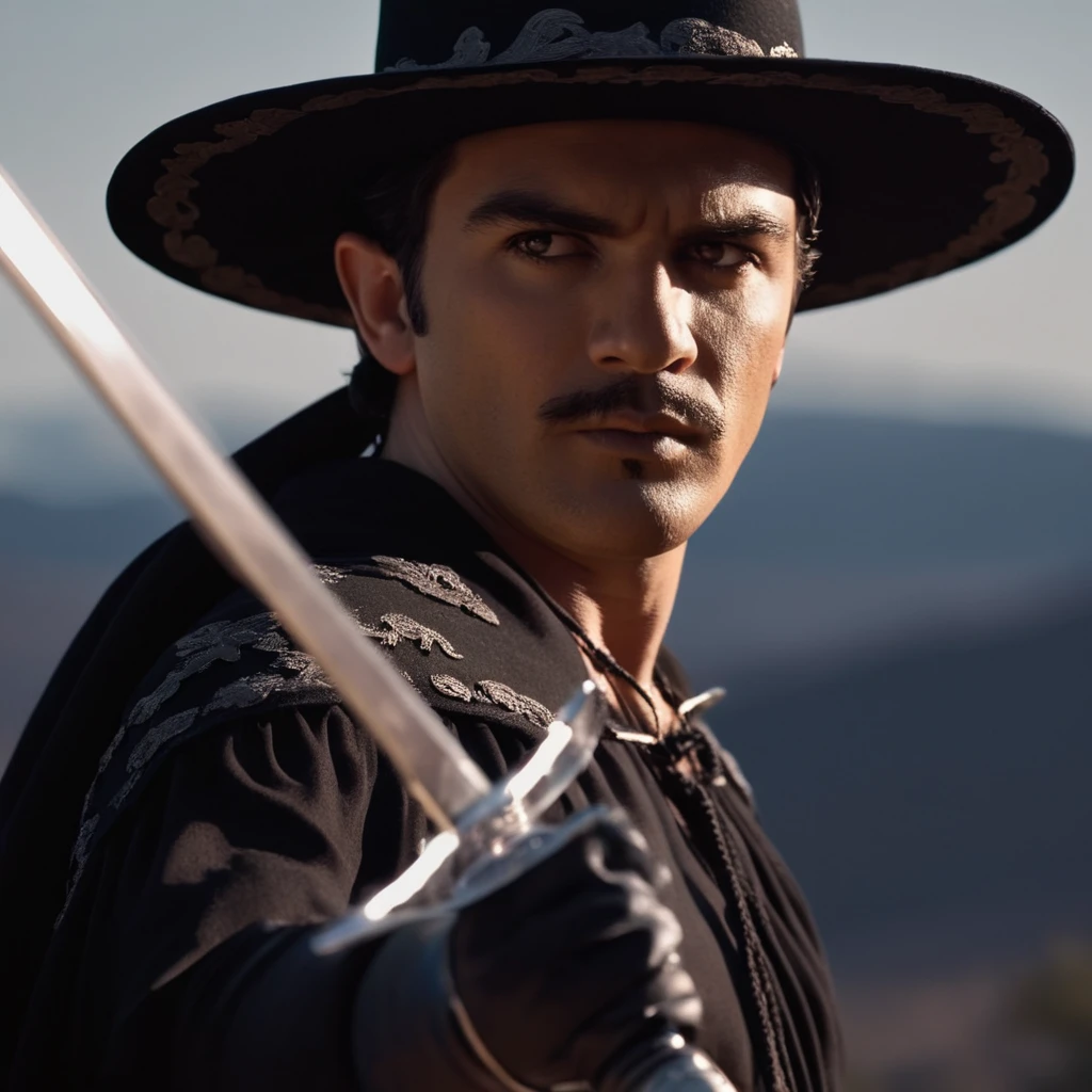 cinematic film still of  <lora:Zorro:1>
Alejandro Murrieta a man in a black hat holding a sword,solo,looking at viewer,black hair,1boy,hat,holding,upper body,weapon,male focus,sword,holding weapon,black eyes,realistic,hat over one eye , realistic, realism, photorealism, hyperrealism, hyperrealistic, realistic, sharp, detailed, cinematography style, film light style, movie still,  professional photography, artistic, perfection, contrast, cinematic, filmic, high quality photo,  8k quality, colorful, photography style, zorro style, shallow depth of field, vignette, highly detailed, high budget, bokeh, cinemascope, moody, epic, gorgeous, film grain, grainy