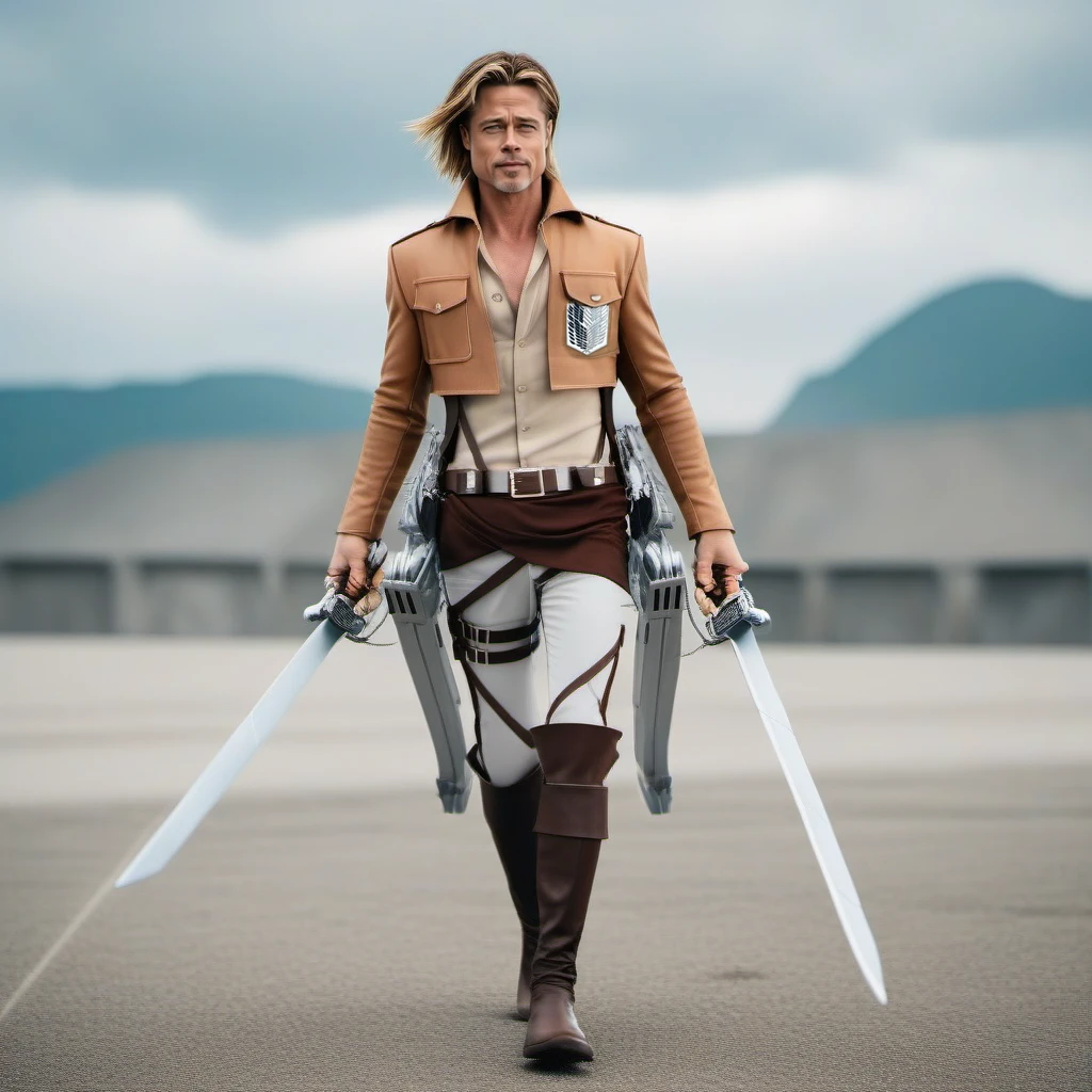 full body brad pitt in a costume, holds two swords, attack on titan  <lora:AoT1024:0.8>