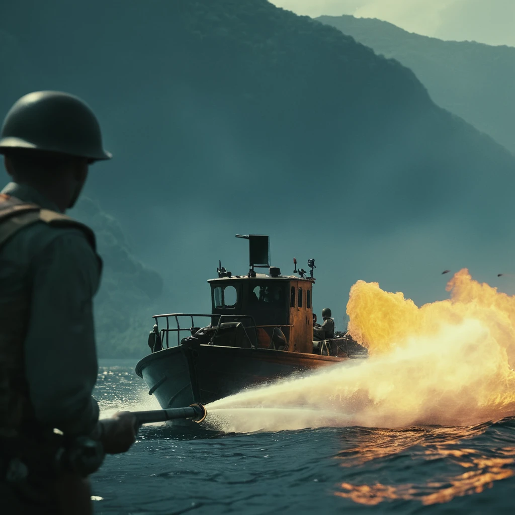 cinematic film still of <lora:Flamethrower:0.8>
a boat with a soldier spraying fire with a weapon on the water, shallow depth of field, vignette, highly detailed, high budget, bokeh, cinemascope, moody, epic, gorgeous, film grain, grainy