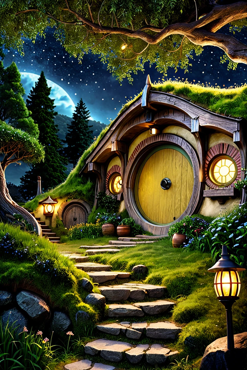 ((masterpiece, best quality)), high resolution, highly detailed, 32k picture, realistic, professional photo,    Hobbit Hole,  sky, tree, window, stairs, door, bush, house, path, night, deep forest, fireflies, bokeh, luminescent background,  ,<lora:Hobbit_Hole_SDXL:1.0>,