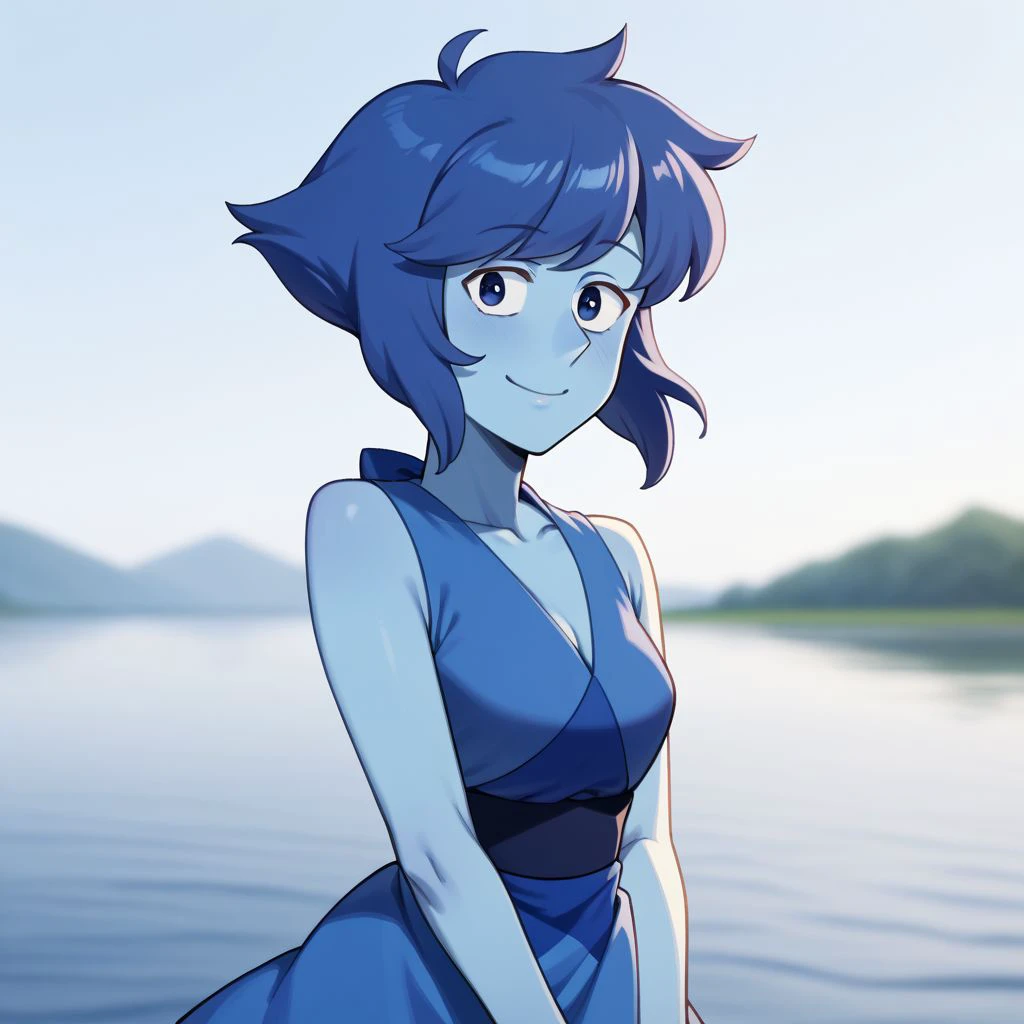 lapis_lazuli_lora lapis_sfw sfw, 1girl, blue hair, lapis lazuli \(steven universe\), steven universe, rating_safe, smile, memento photo, happy wholesome, INFP, introvert creative individualistic, perfect hands, outdoors, solo, looking at viewer, breasts, slim slender, blue skin, colored skin,source_anime, anime, score_9, score_8_up, score_7_up, score_6_up