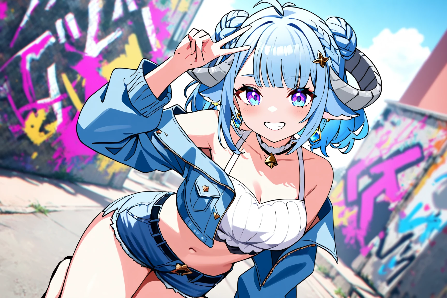 (MinaiAruma:1), 1girl, grin, (v over eye:1.2), 
crop top, off shoulder, denim jacket, denim shorts, crystal earrings, hair ornament, 
dynamic pose, looking at viewer, graffiti, popular style, wide_shot, dutch angle, foreshortening, masterpiece, newest, absurdres, <lora:MinaiArumaXL_kohaku2:1>,