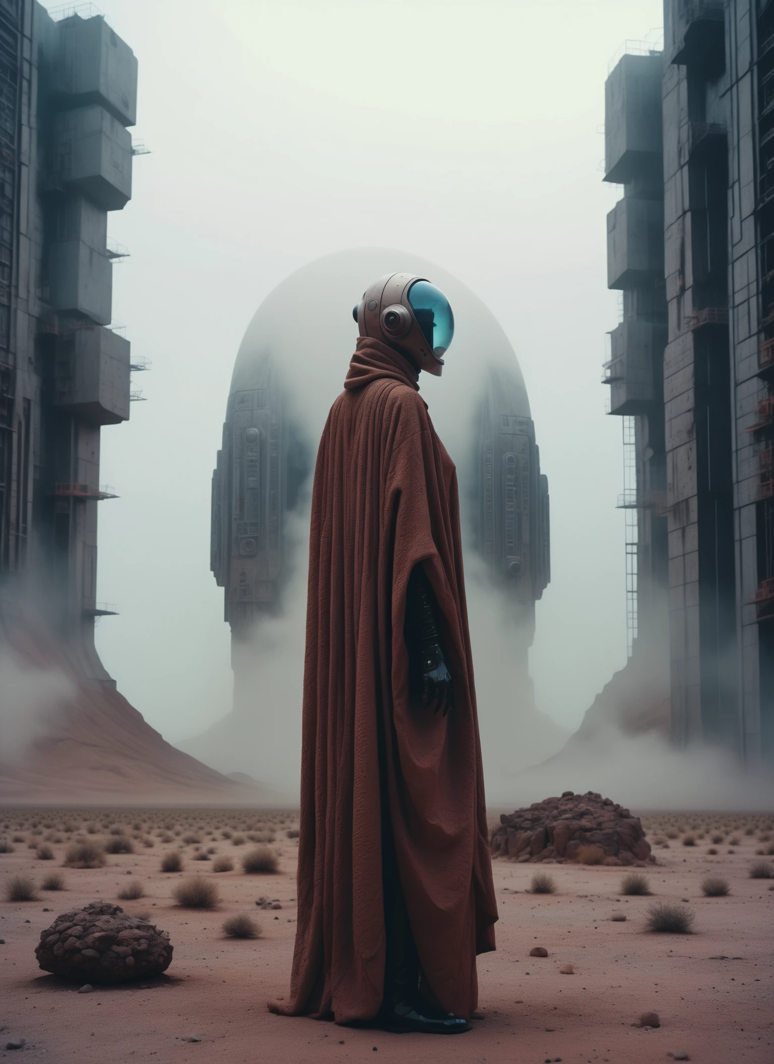 Masterpiece of hyperrealistic professional 8k raw photography, Close-up colour film 35mm 1976, (Bizarre robotic organism in robe:0.5), Rule of thirds composition, Dark dystopian desert, Giant futuristic building, Liminal fog, Rock city layout, `(Mysterious atmosphere)`