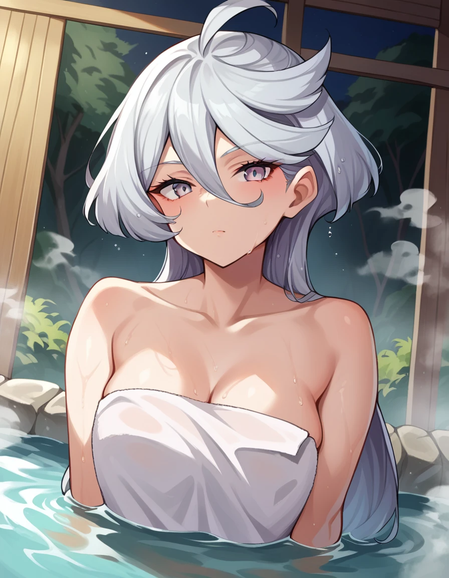 1girl, white hair, purple eyes, portrait, realistic, towel, (onsen), sidelighting, wallpaper, nsfw,
