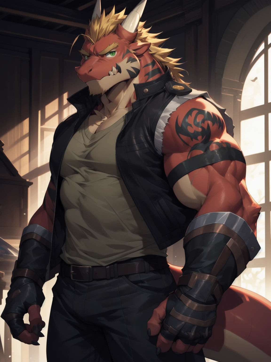 anthro, solo, delga, dragon, clothing, male, topwear, muscular, muscular anthro, jacket, shirt, fingerless gloves, green eyes, muscular male, red body, looking at viewer, hi res, bottomwear, tatoo, white vest, blonde hair, detailed background, photorealistic, realistic hands, 8k hd, extreme detail, (dark shadows, wide dynamic range, hdr, low light:1.2), by canyne khai,by milkytiger1145,by takemoto arashi,by null-ghost <lora:delga_v2_12ep:1>
