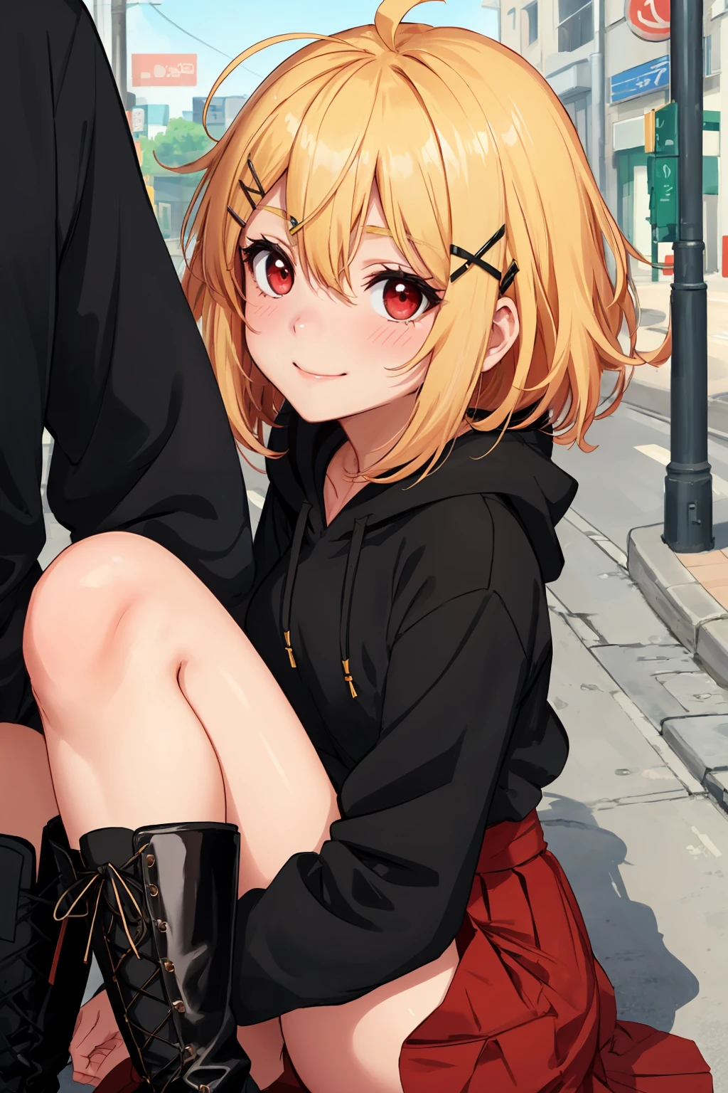 japanese short girl, blond hair, long sharp bangs, (hair between eyes) (messy hair), spiral ahoge, (hair clip X) ((sharp bangs)), (red eyes), detailed eyes, large pupils, pupil gradient, twinkle in the eye, smile, blush, (slightly embarrassed, shy) slim waist, gothic clothes style, Goth, cute, mostly black, cute, pretty eyes, (emo), black hoodie, (red skirt)  (knee-high socks), ((bovver boots)), looking at the viewer, shot ((anime, scene, lineart, art)) depth of color, cute color, (stands) outdoor, japan, street slightly blurred background, (((face close-up)))