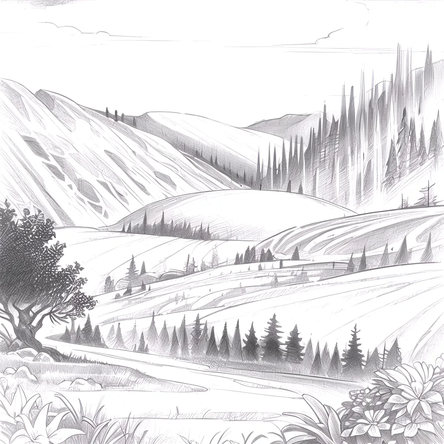 (pbxdbzstyle), monochrome, greyscale, landscape, mountains, trees, grass, nature, summer, best quality, high quality, masterpiece, <lora:Artist_Style_-_Pandoras_Box:1.0>