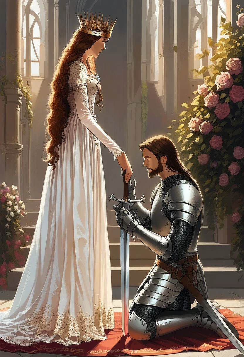 score_9,armor, weapon, sword, brown hair, dress, beard, facial hair, long hair, flower, crown